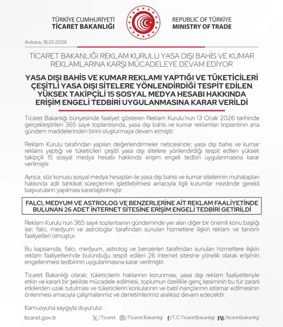 Ticaret Bakanlığı Reklam Kurulu Yasa Dışı Bahis ve Kumar Reklamlarına Karşı M&uuml;cadeleye Devam Ediyor